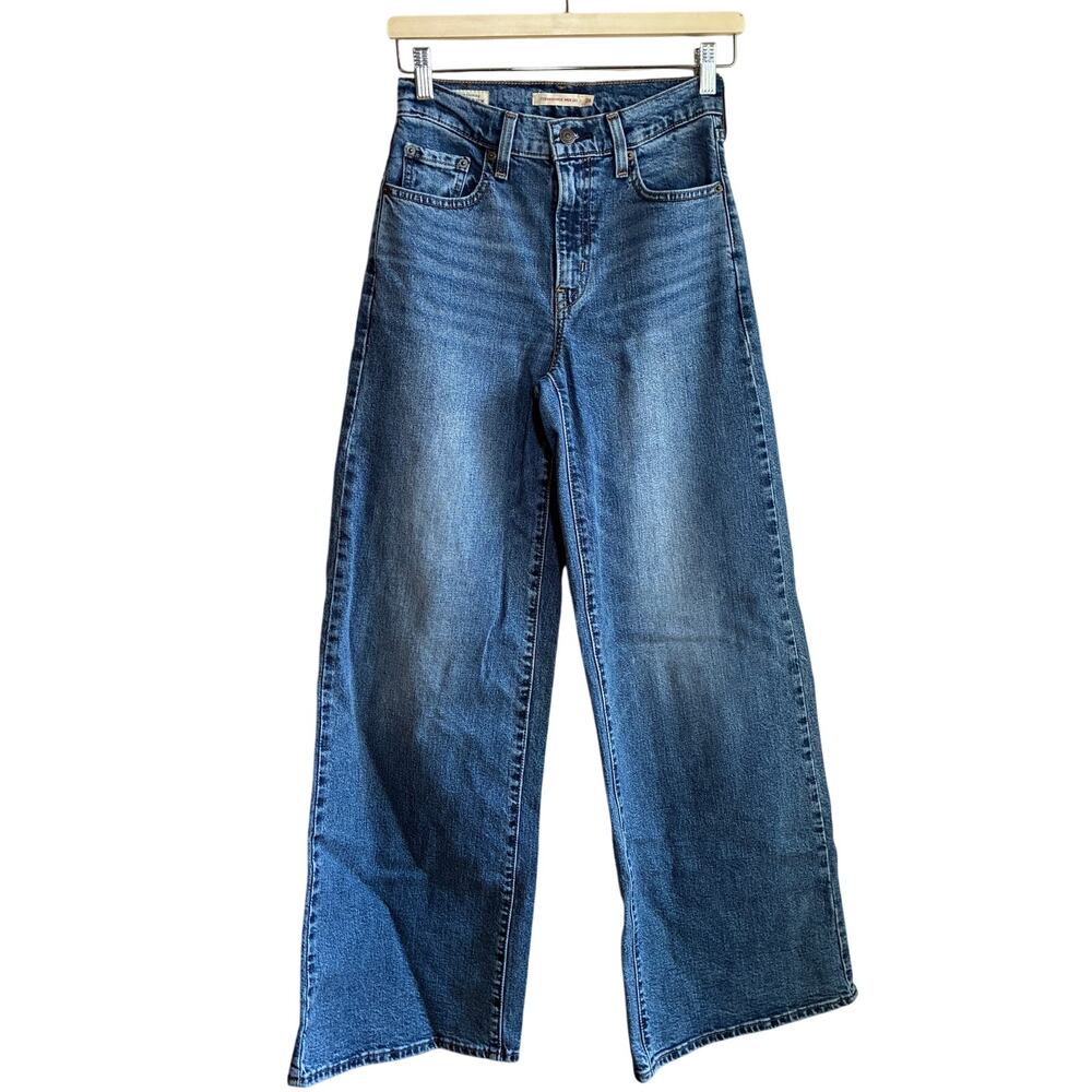 Levi's premium denim 728 high rise wide leg medium wash blue jeans women's 26